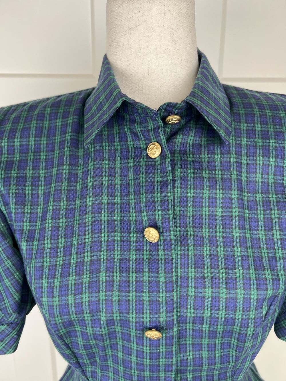 Vintage 80s Leslie Lucks Tartan Plaid Puff Sleeve Peplum Blouse Skirt Set XS - Picture 4 of 16